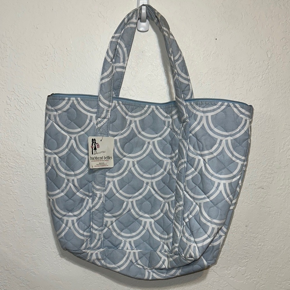 Buckhead Betties Harbor Bae Baby Blue Quilted Tote Bag Zip Needs Spot Cleaning